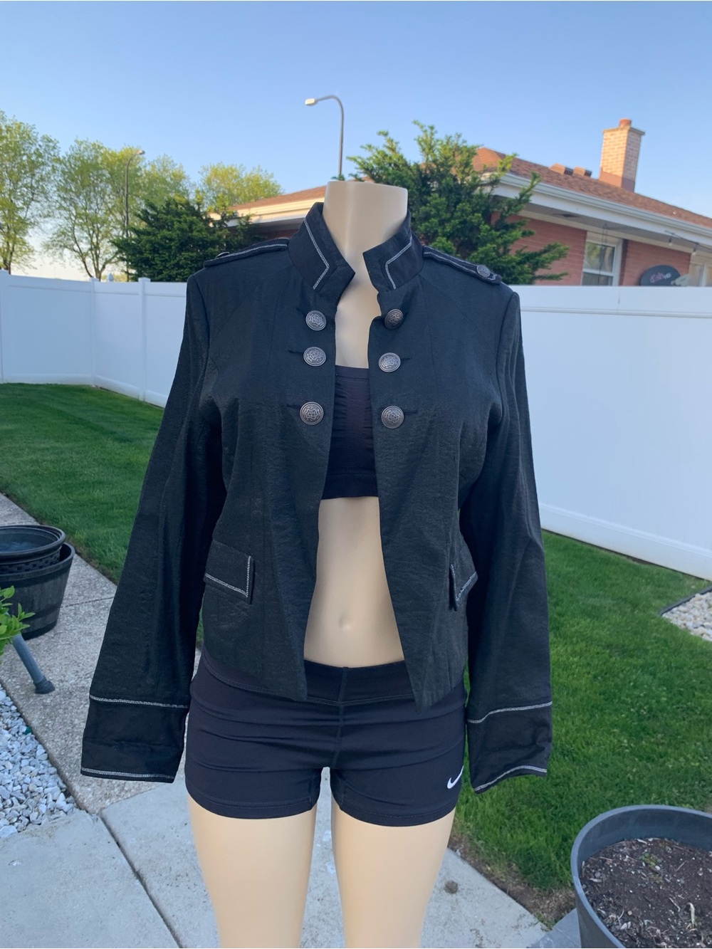 Arden B black military-style jacket with silver accent buttons and stitching  M